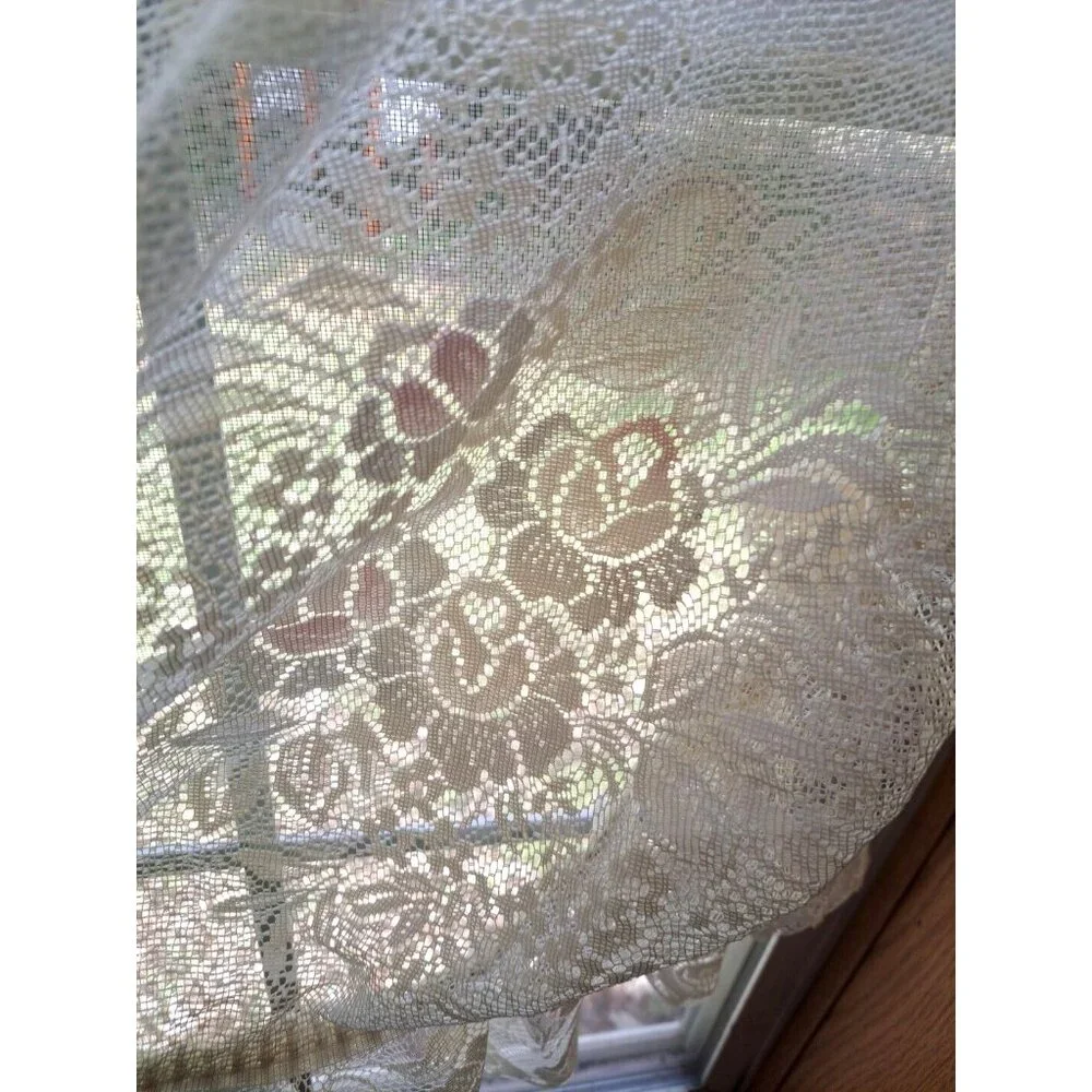 Vintage Lace Window Valance White Pink Blue Roses Gathered Ruffled Trim 58x20